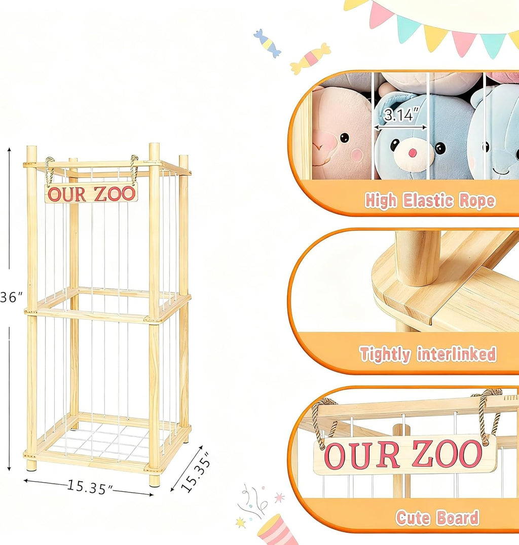Natural Pine Wood Stuffed Animal Storage by Stuffed Animal Zoo - Space-Saving Plushie Playhouse for Kids