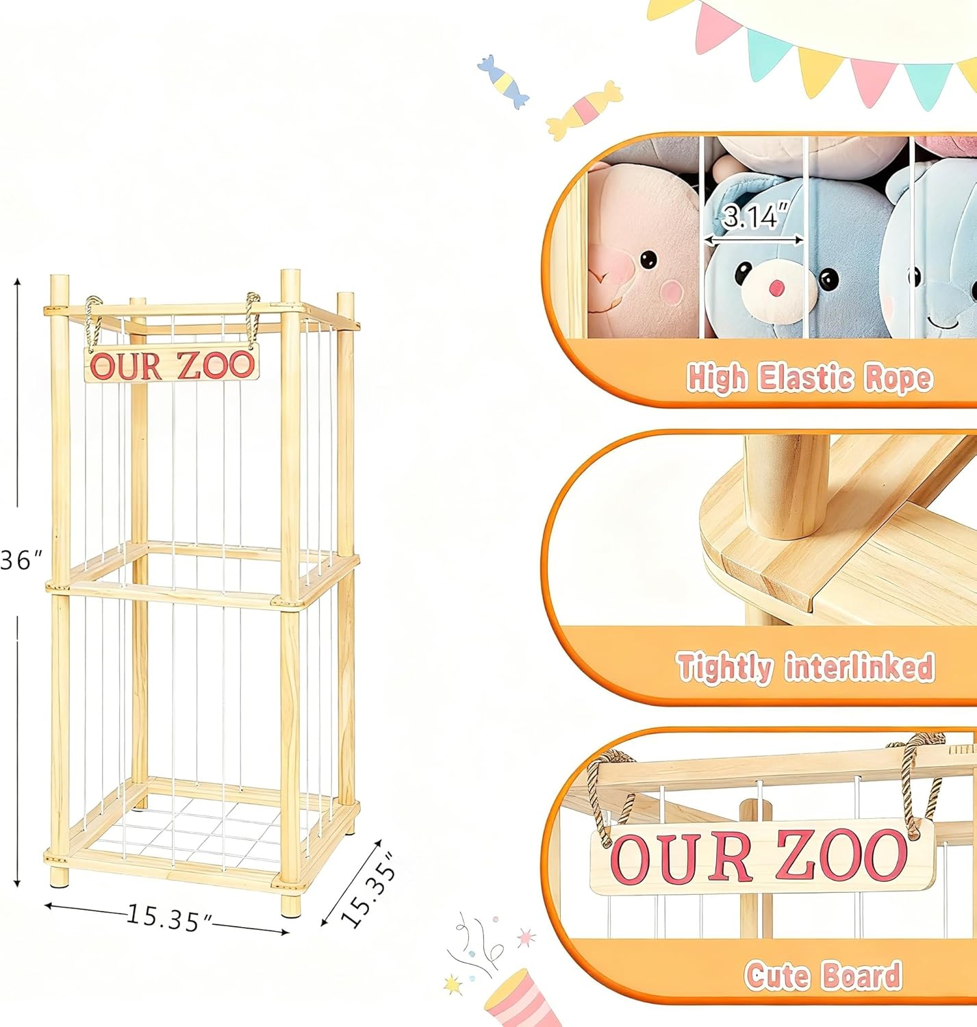 Natural Pine Wood Stuffed Animal Storage by Stuffed Animal Zoo - Space-Saving Plushie Playhouse for Kids
