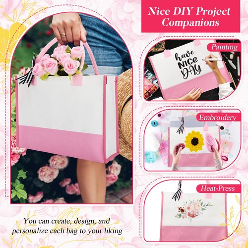 Shinylin 3 Pcs Initial Canvas Tote Bag Reusable Blank Personalized Present Bag for Valentine Bridesmaid Wedding Gift(Pink)