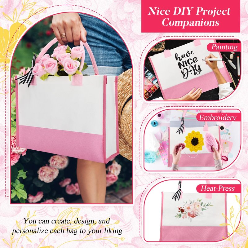 Shinylin 3 Pcs Initial Canvas Tote Bag Reusable Blank Personalized Present Totes for Women, Bridesmaid, Wedding, Travel Gift(Pink)
