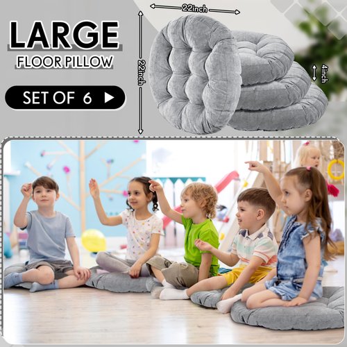 Jerify 6 Pcs Floor Pillow Cushions 22 x 22 Inch Round Square Large Meditation Floor Pillow for Classroom Adult Meditation Picnic Party Seating Learning Daycare School (Round,Light Gray)