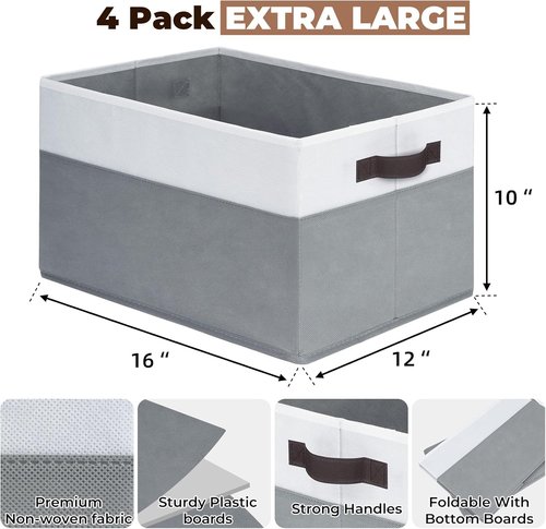 Criusia Extra Large Storage Bins - 4 Pack 16x12in Fabric Organizers for Clothes, Toys & Blankets | Versatile Room Storage