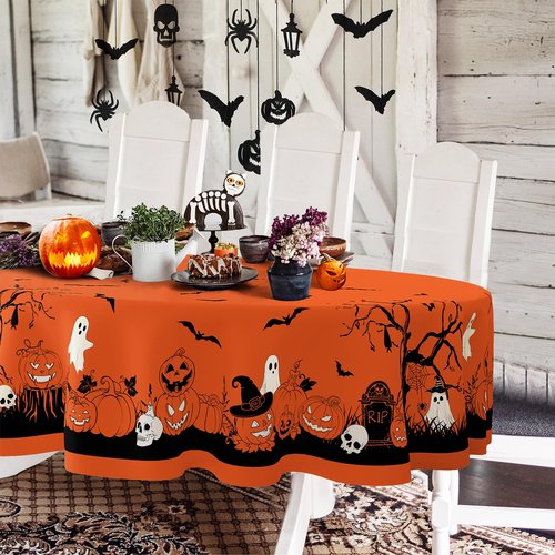 Yighty Oval Halloween Tablecloth 60x84 Inch,Orange Pumpkin Skull Ghost Tablecloth,Polyester Waterproof Wrinkle-Resistant and Durable Table Cloth,Suitable for Halloween,Parties,Holiday,Kitchens