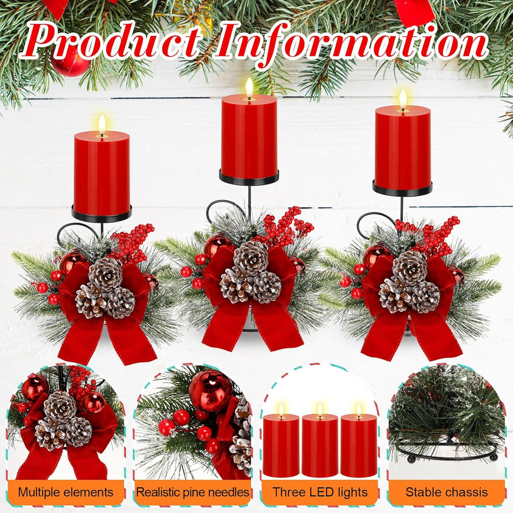 Yunlly Christmas Candle Holders Set of 3 - LED Battery Operated Pine Cone Design | Festive Table Centerpiece