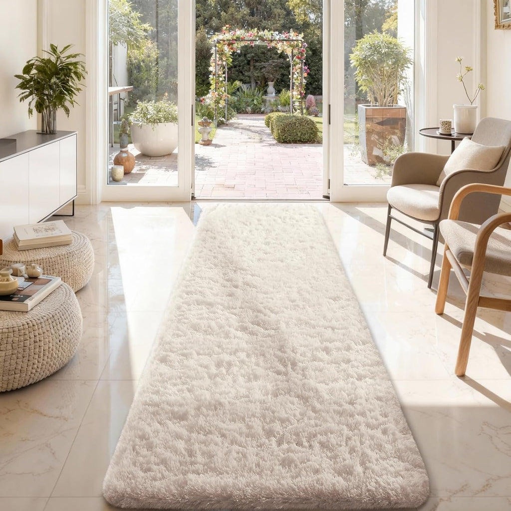 Ophanie 2x8 Runner Rug - Non-Slip Fluffy Soft Ivory Shaggy Carpet for Hallway & Bedroom Decor