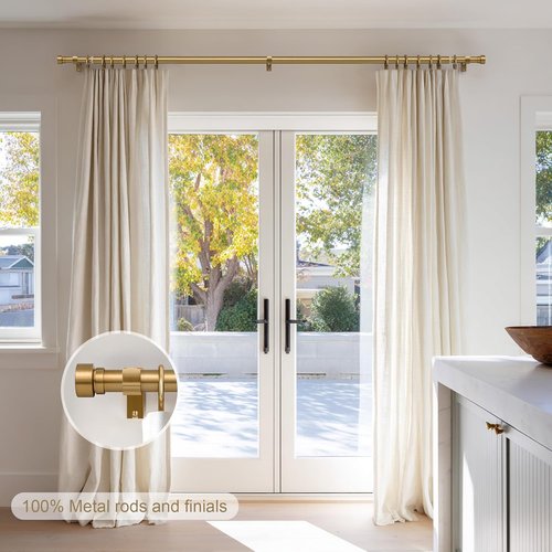 Lootkell Brass Gold Curtain Rods Set - Heavy Duty 1" Diameter, Adjustable 66 to 120 Inches | Stylish Metal Finials for Living Room & Bedroom