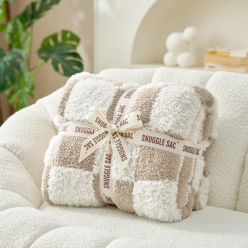 Snuggle Sac Checkered Throw Blanket Faux Fur Microfiber Blankets for Couch,Cozy Soft Warm Blanket for Sofa Bedroom Living Room,Beige Checker,60x80 inches