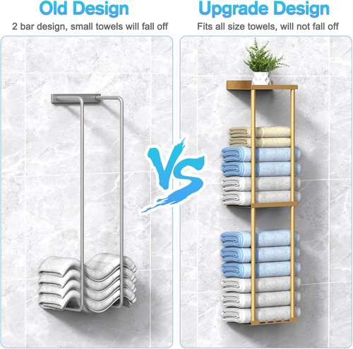 Liuoud Towel Rack - Wall Mounted Vertical Towel Storage Organizer with Shelf | Holds 6 Large Bath Sheets, Gold