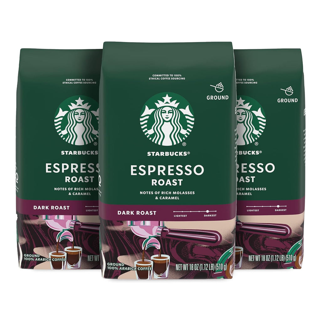 Starbucks Dark Roast Ground Coffee - 100% Arabica Espresso Blend | 3 Bags (18 Oz Each)
