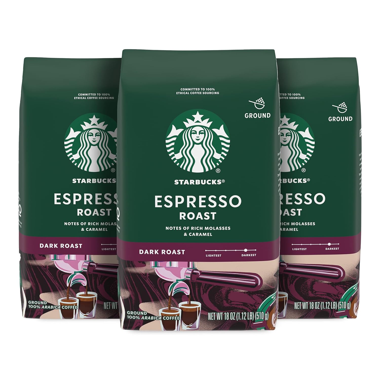 Starbucks Dark Roast Ground Coffee - 100% Arabica Espresso Blend | 3 Bags (18 Oz Each)