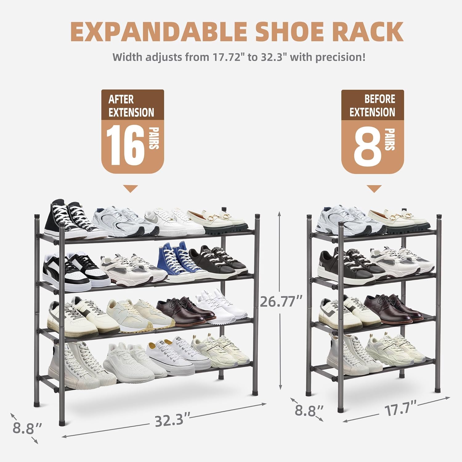 STORAGE MANIAC Expandable Shoe Rack - 16 Pairs Stackable Organizer for Closet & Entryway - Black 4 Tier