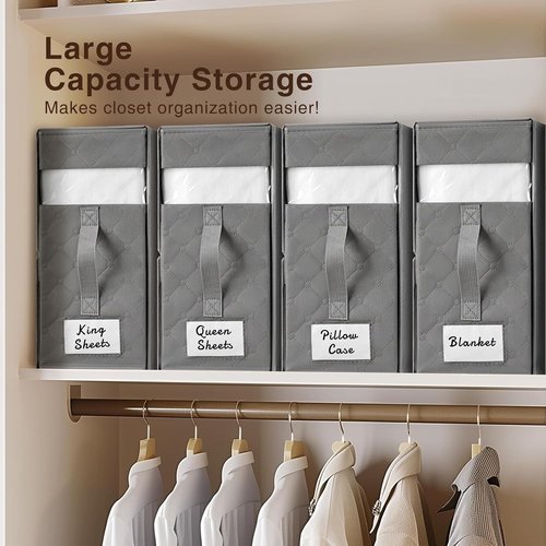 Homsorout Bed Sheet Organizers - Foldable Linen Storage with Window & Labels | XL Grey 6-Pack for Bedding