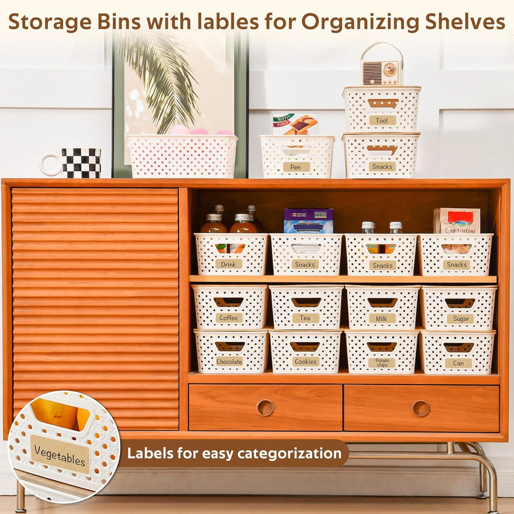 Skiennix 8-Pack Plastic Storage Bins - Stackable Baskets with Bamboo Lids for Pantry Organization