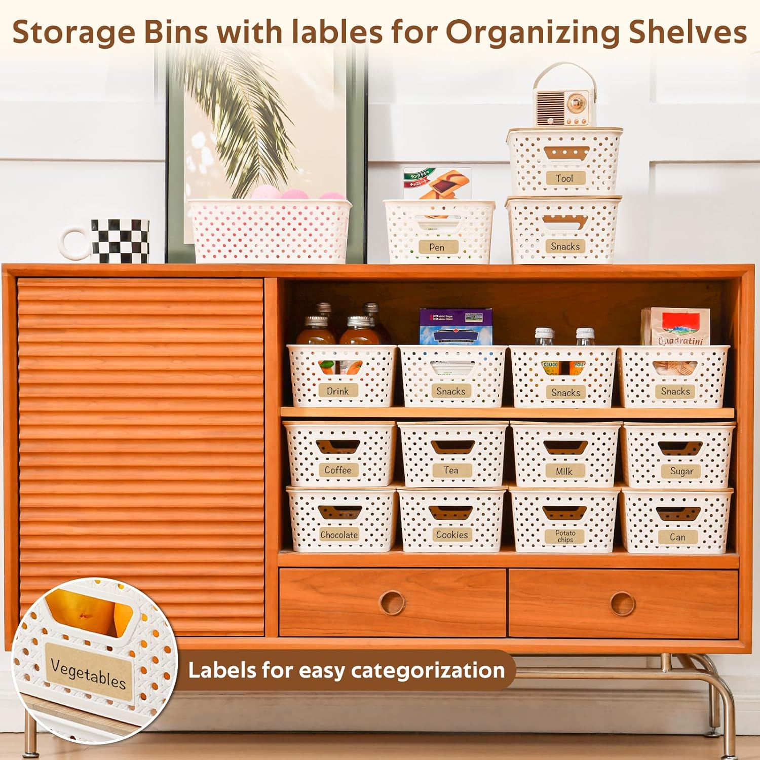 Skiennix 8-Pack Plastic Storage Bins - Stackable Baskets with Bamboo Lids for Pantry Organization