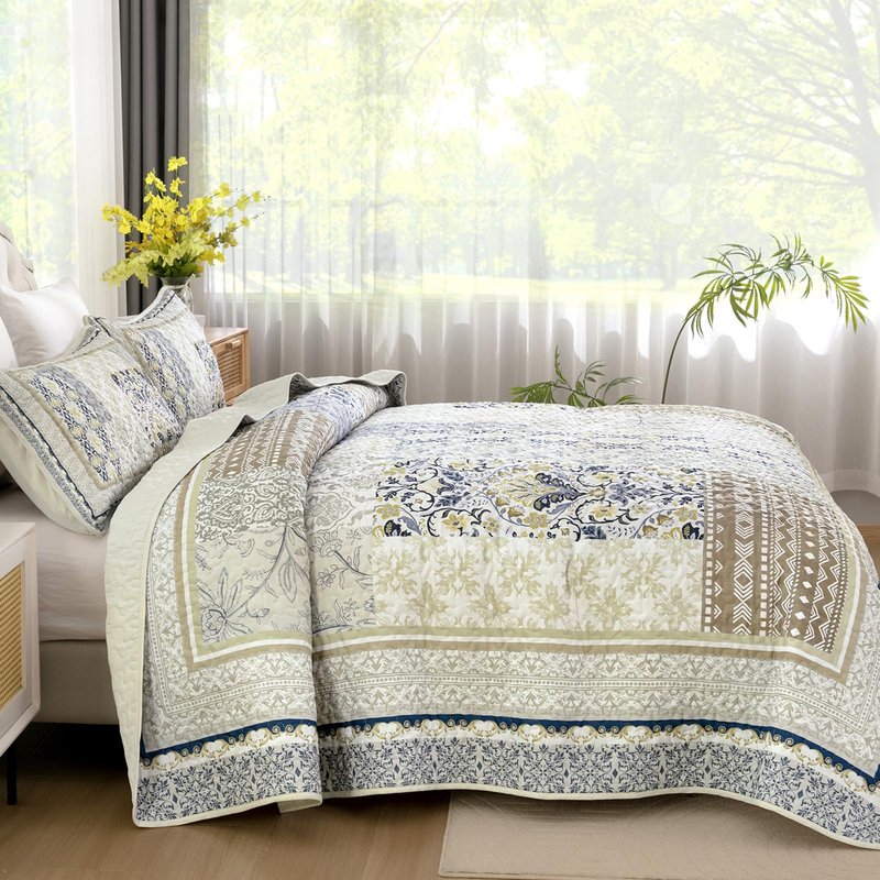 WONGS BEDDING Boho Quilt Set King, 3 Pieces Beige Patchwork Bedspread Coverlet Set,Soft Lightweight Microfiber Bohemian Floral Pattern Bedding Set with 2 Pillowcases for All Season (104"x 90")
