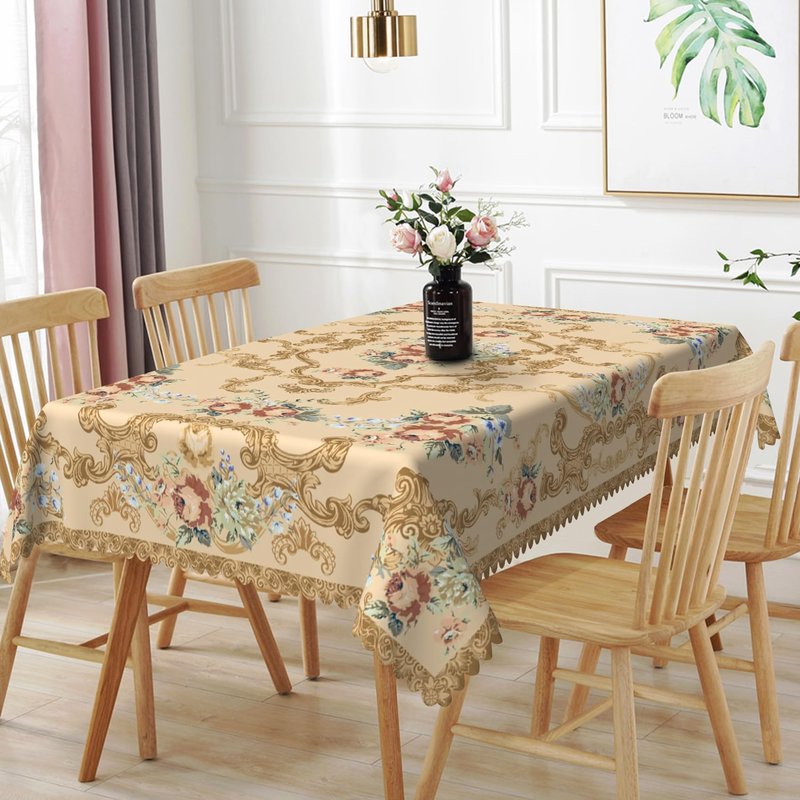 TTQYFNM 52x70inches Luxury Rectangle Tablecloth Elegant Golden Damask Pink Blue Floral Printed Fabric Table Cloth Washable and Wrinkle Free Table Cover for Kitchen Dining Room Banquet Party Decor
