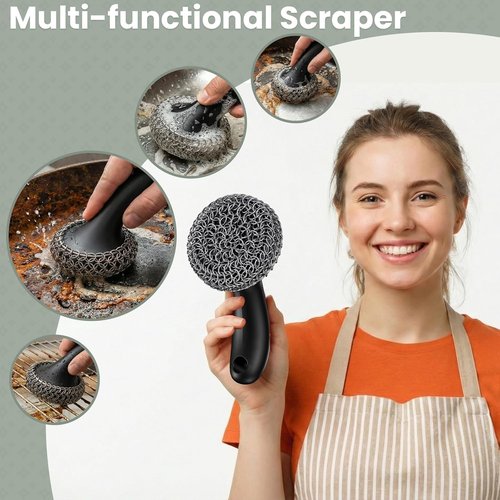 Cast Iron Cleaner | 316 Chainmail Scrubber with Long Handle - Dishwasher Safe Cleaning Kit (Black, 1 Scrubber + 1 Scraper)