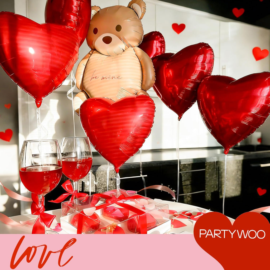 PartyWoo Valentine's Balloons - 15pcs Foil Bear & Red Heart Balloons | 24 & 18 Inch for Romantic Celebrations