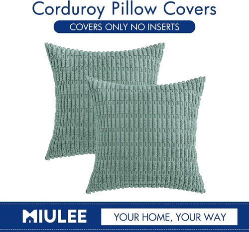 MIULEE Corduroy Throw Pillow Covers - Soft Boho Striped Design | 16x16 Inch Teal Green for Modern Home Decor
