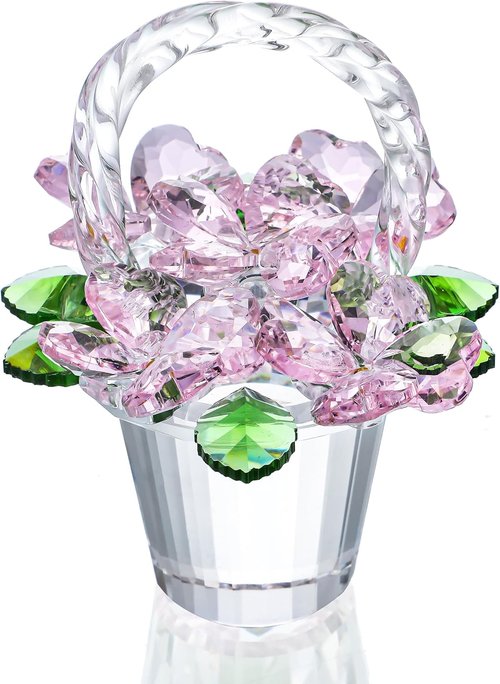 H&D Hyaline & Dora Crystal Pink Flower Basket Figurine - Elegant Glass Collectible for Home Decor | Perfect Gift for Weddings & Christmas