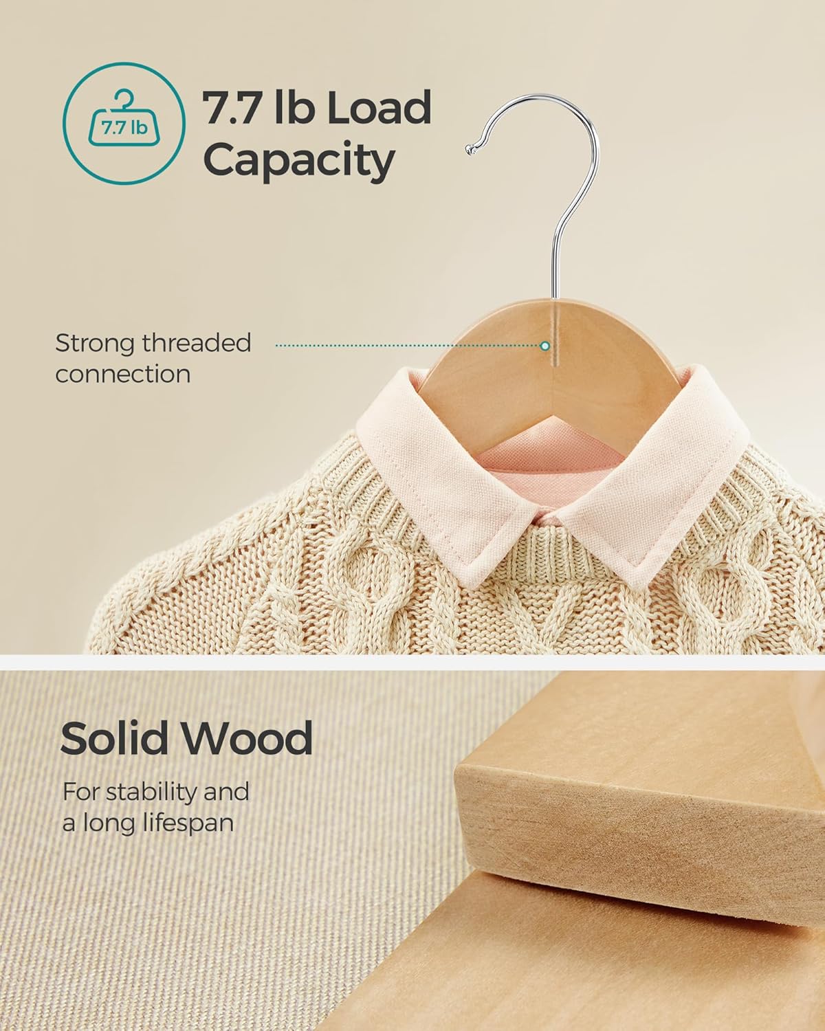 SONGMICS Kids Wooden Hangers - Solid Wood Baby Coat Hangers with Pants Bar & Swivel Hooks | 20 Pack, Natural