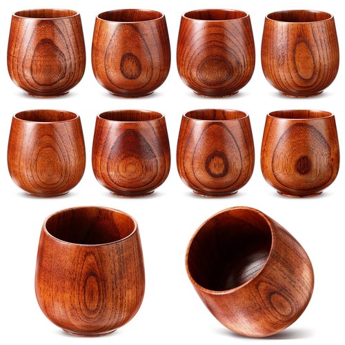 Gerrii 10 Pieces Wooden Tea Cup Wood Coffee Mug Water Japanese Solid Drinking Teacup Glass for Wine, Beer, Milk, Hot Drinks (4 oz)
