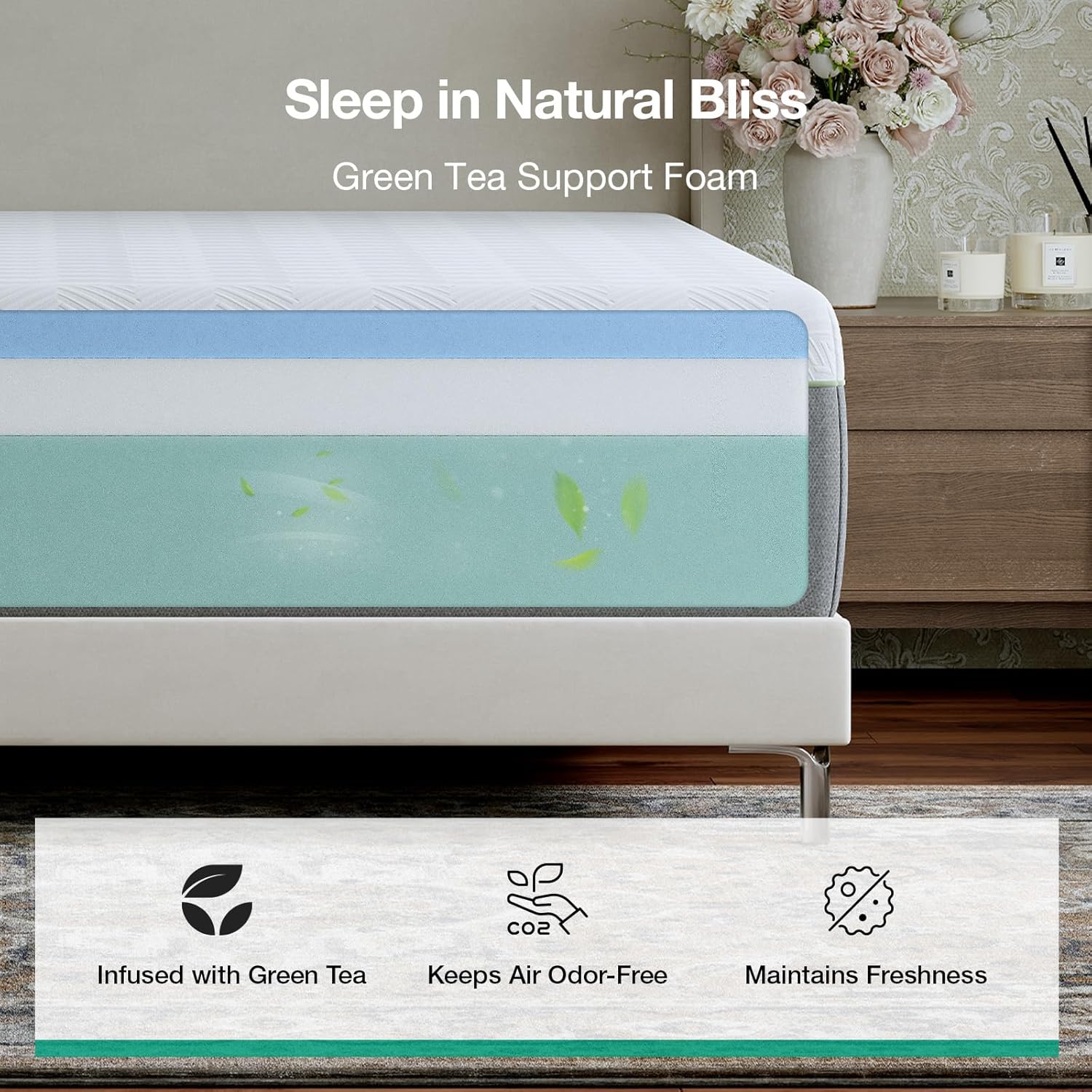 Novilla Bliss Green Tea Mattress - 12 Inch Gel Memory Foam Queen Size for Hot Sleepers | Cool Comfort & Back Pain Relief