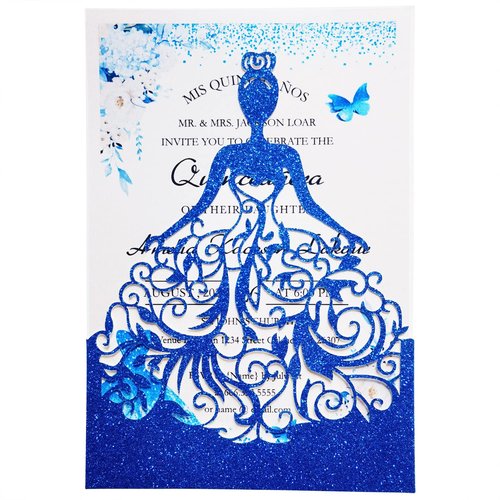 FLZOPYNE 50PCS Blank Quinceanera Invitations, 5 x7.3 Inch Laser Cut Girl Princess Invitation Card Kit with Envelopes for Quinceañera, XV Años, Mis Quince, Birthday Party Sweet 16 (Royal Blue Glitter)