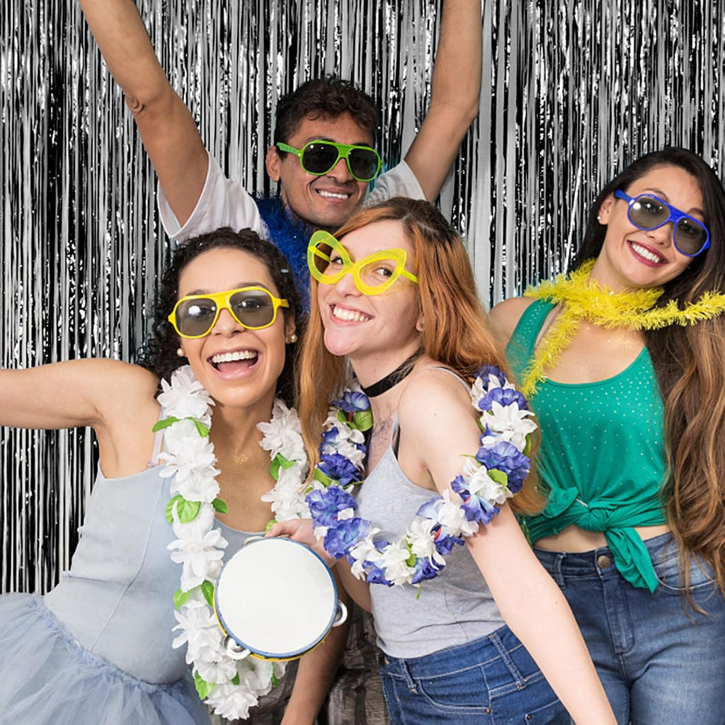 Skiennix Foil Curtain Backdrop - Black Metallic Tinsel Fringe for Photo Booths | 5 Pack Party Decorations