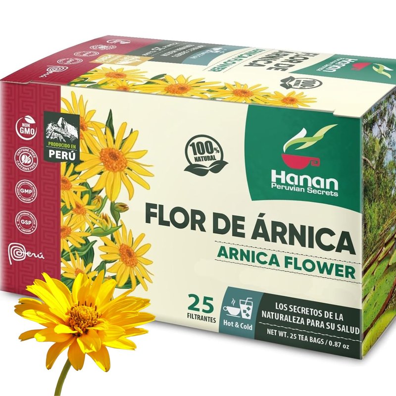 Hanan Peruvian Secrets Flor de Arnica 25 Herbal Teabags Arnica Tea Flowers Natural Dried Herb from Peru 25 Filtered Teabags