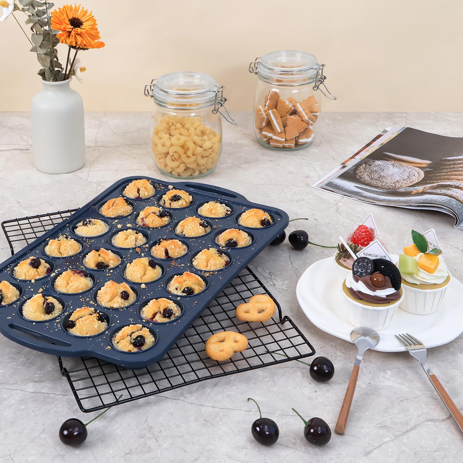 Vnray 2 Pack Mini Silicone Muffin Pan with Metal Frame, Non Stick Silicone Cupcake Pan with Handles 24 Cup, BPA Free Silicon Muffin Tin Tray Small for baking, egg bites, Cupcake Mold Grey
