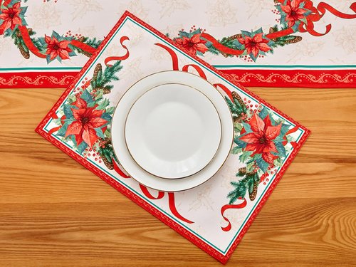 YiHomer Poinsettia Ribbon Engineered Printed Fabric Christmas Tabletop for Xmas Winter Holiday, Christmas Time, Reversible Placemat Set, 13 x 19