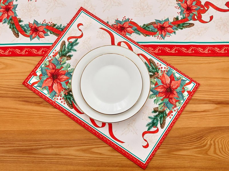 YiHomer Poinsettia Ribbon Engineered Printed Fabric Christmas Tabletop for Xmas Winter Holiday, Christmas Time, Reversible Placemat Set, 13 x 19