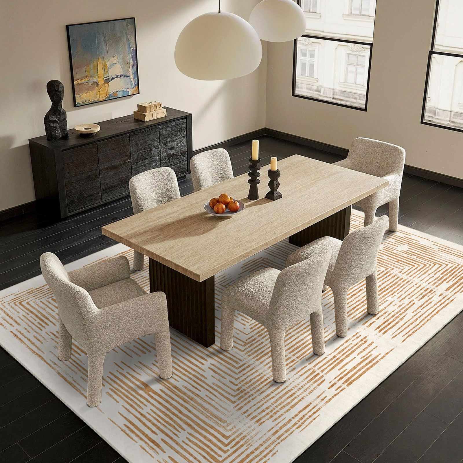 BLISSA Washable 5x7 Area Rugs - Soft Modern Throw Rug for Living Room Non-Slip Ultra-Thin Orange Lines Borderd Abstract Carpet for Bedroom Dining Room Rugs for Under Table Foyer Nursery Home Decor