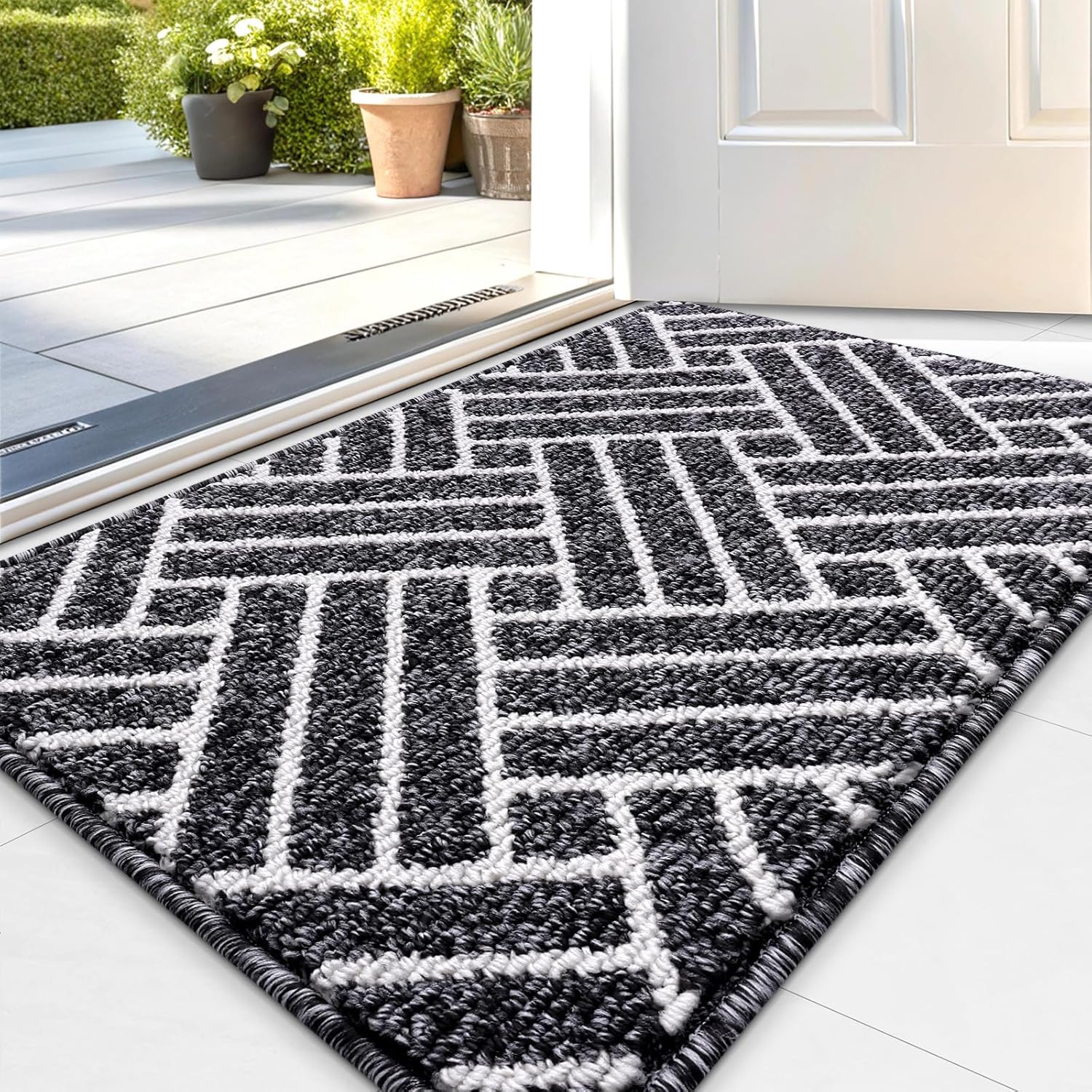 OLANLY Door Mat Set - 2-Piece Outdoor & Indoor Mats | Geometric Design, Black, 29.5x17 & 32x20 Inches
