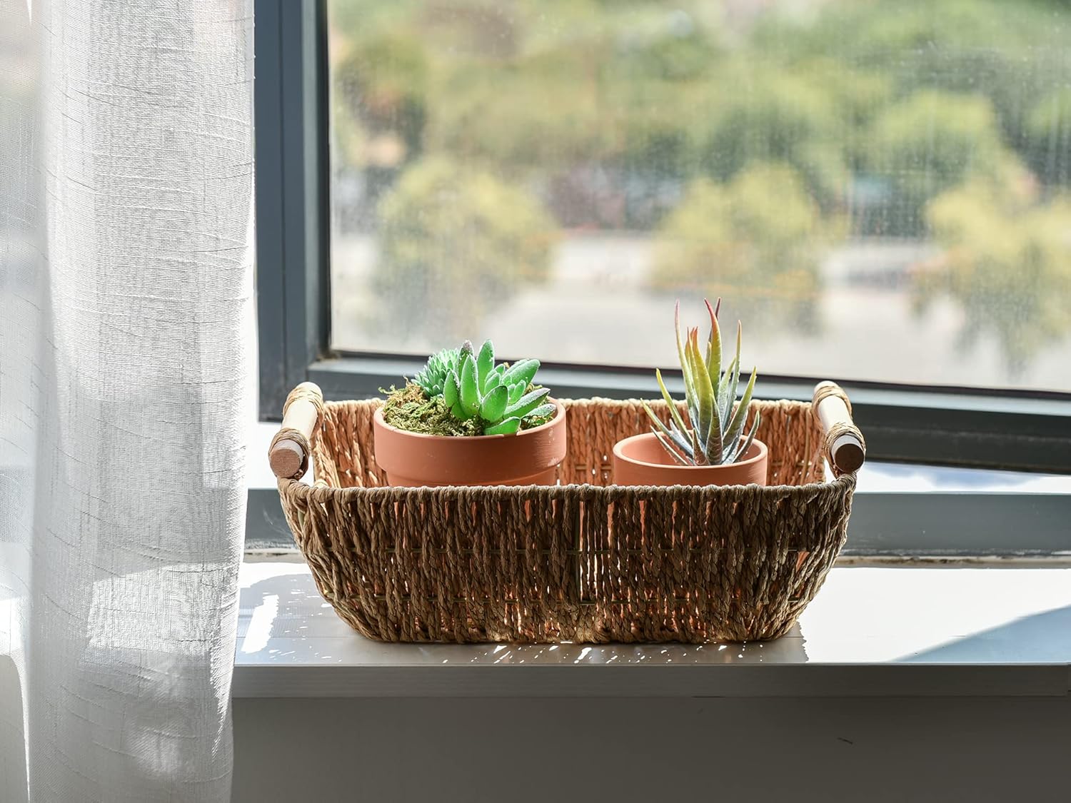 StorageWorks Small Hand-Woven Wicker Baskets - Round Paper Rope with Wooden Handles, Light Brown | 2-Pack