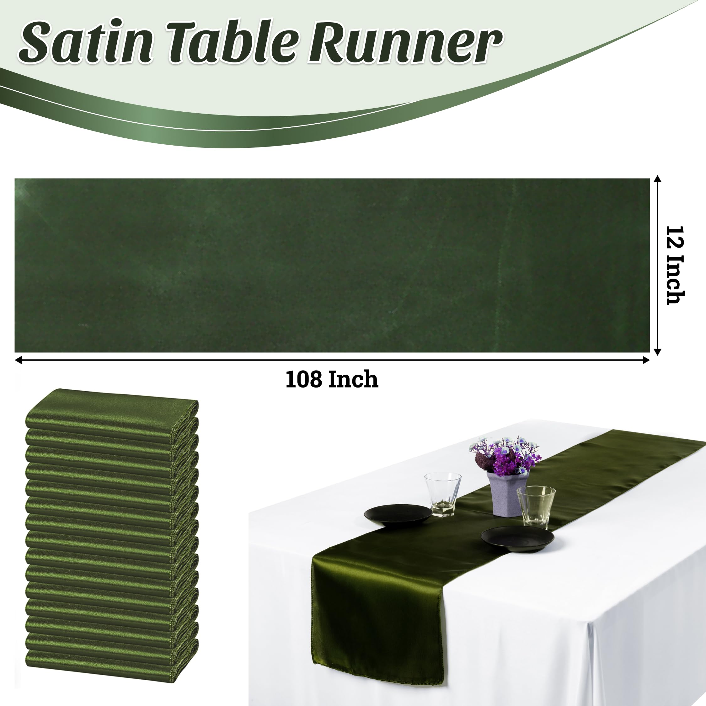 MDS Pack of 10 Satin Table Runners 12 x 108 Inch Long Wedding Sateen Bright Silk Smooth Table Runner for Wedding Reception Birthday Graduation Party Event Banquet Dinner Decoration - Olive Green