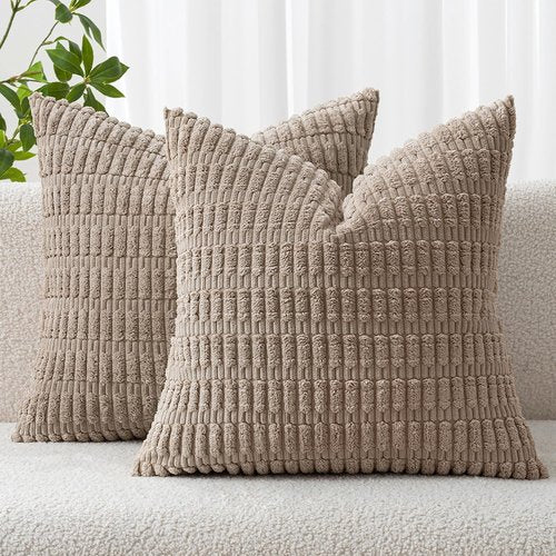 MIULEE Euro Sham Pillow Covers - Soft Corduroy Boho Striped Design | 24x24 Inch Light Brown Decor