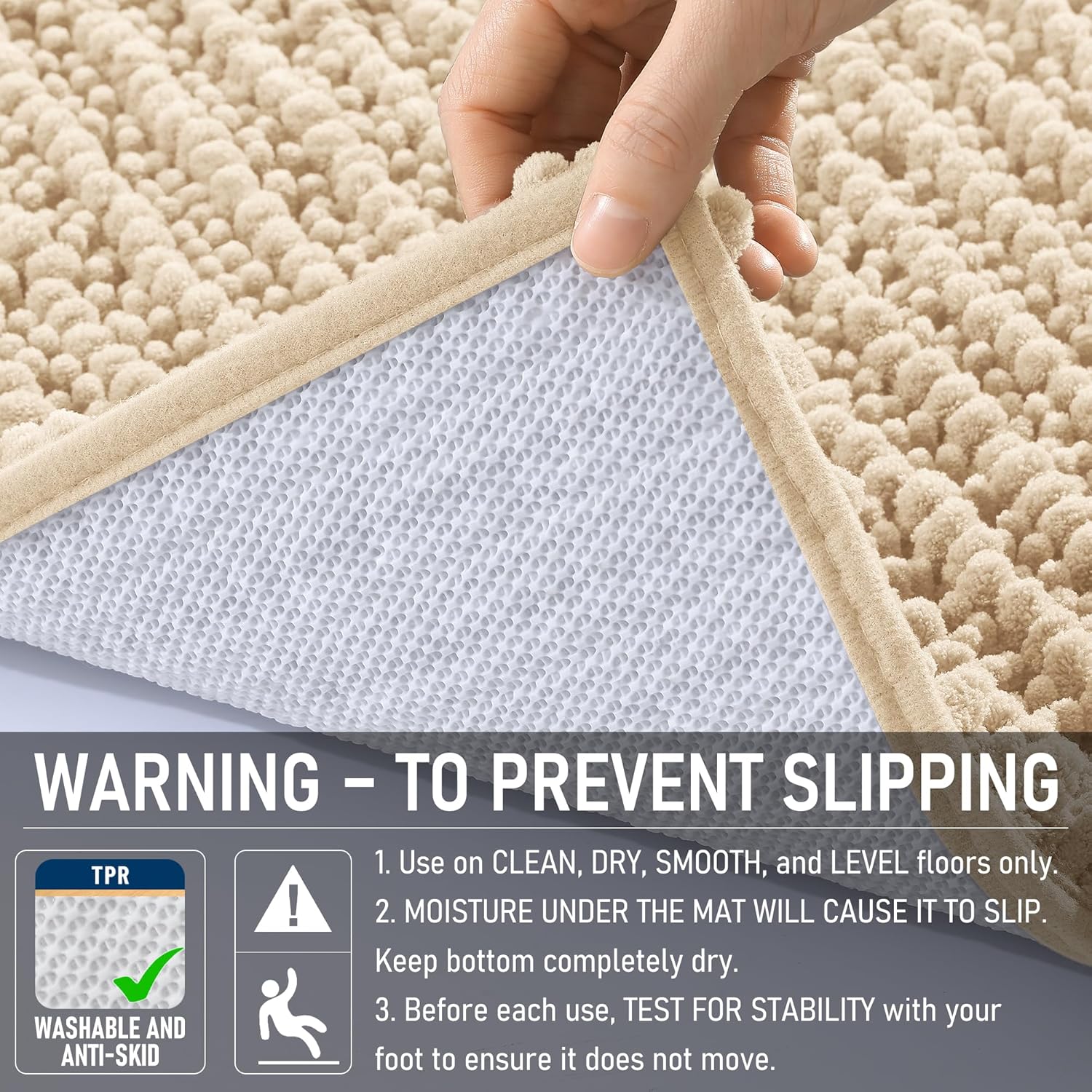 OLANLY Bathroom Rug Mat - Thick Soft Chenille | Non-Slip Rubber Backing, Machine Washable, 40x32, Beige