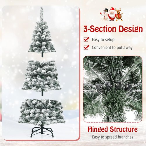 IFANNY 4.5 FT Snow Flocked Christmas Tree, Hinged Pencil Tree with 242 Branch Tips, Artificial Xmas Trees w/Folding Metal Stand, Slim Christmas Tree for Home Office Indoor Outdoor (242 Branches)
