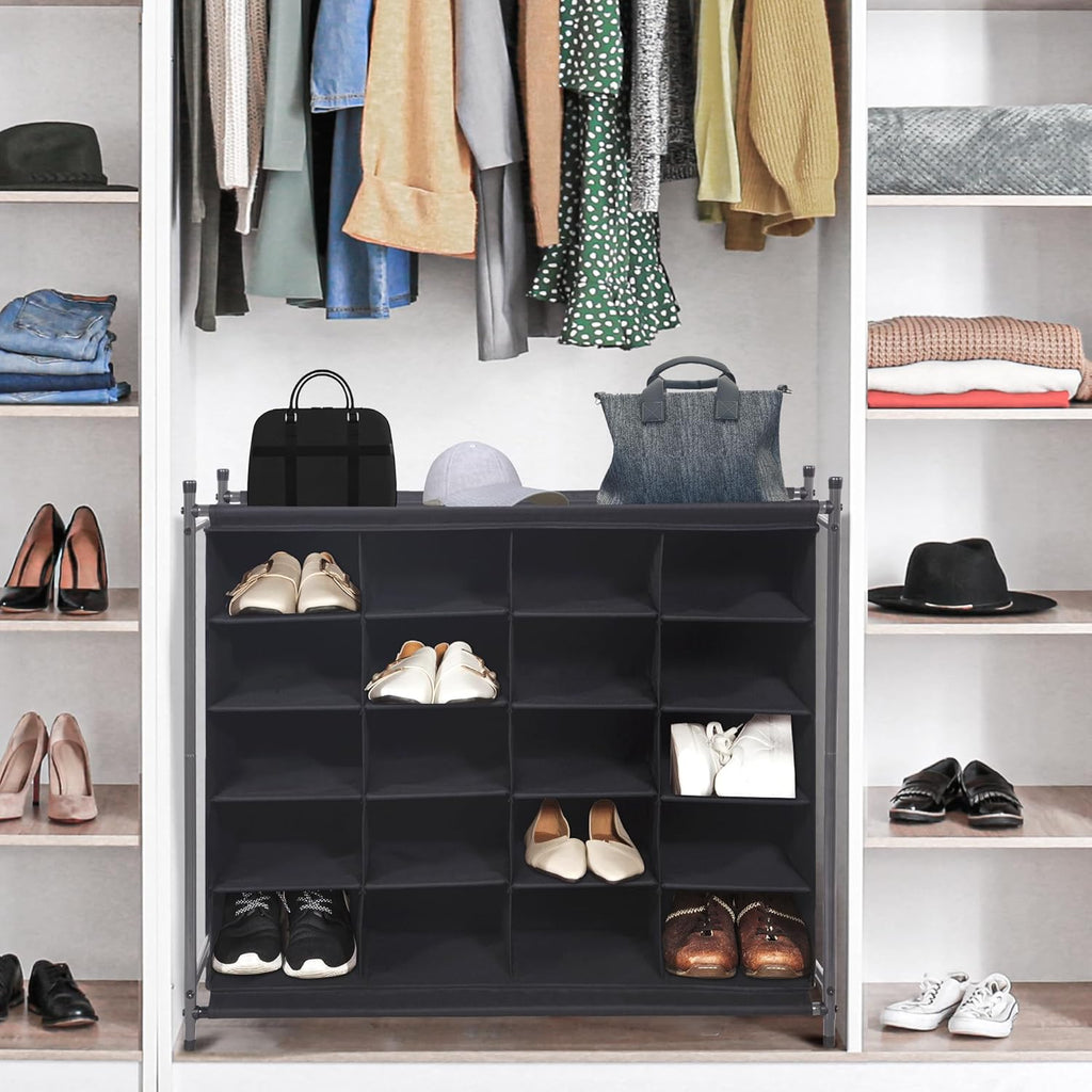 Storage Maniac Stackable Shoe Cubby Organizer - 20-Cube Free Standing Rack for Entryway & Closet - Black