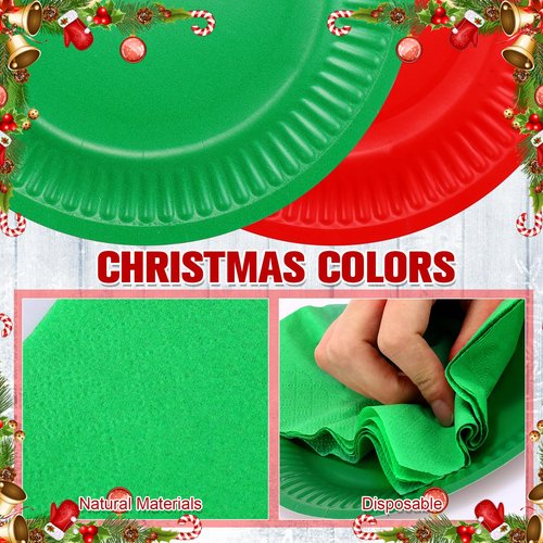 Layhit Christmas Plates and Napkins Red Green Christmas Party Supplies Set Disposable Paper Dessert Plates and Napkins for Party(400 Pcs)