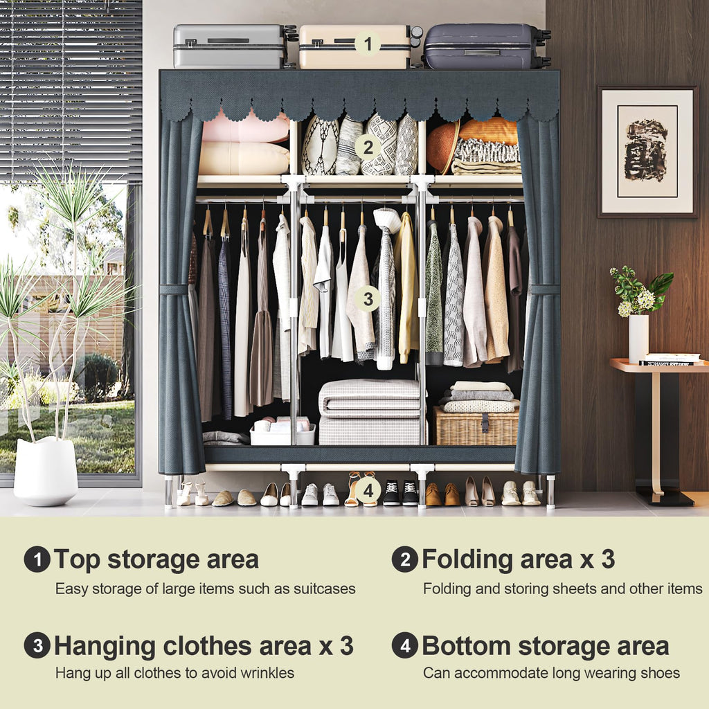 AOSENKO Portable Wardrobe Closet, 16mm Steel Frame Clothes Rack with Non-Woven Fabric Cover, Freestanding Closet Organizer with 3 Hanging Rods & 6 Shelves, Grey Fabric for Bedroom