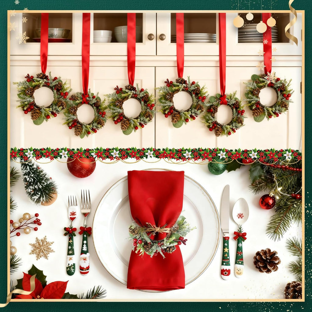 Skiennix Christmas Candle Rings - Mini Wreaths with Snowy Pinecone & Red Berry - Set of 6 (Red)