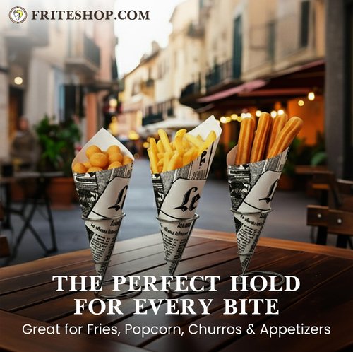 Friteshop – Premium French Newspaper Paper Cones K-17 Medium, 8.5 oz - European Made Disposable Food Service Holders for French Fries - Professional Snack Cone - Takeaway Food Packaging - 100 Count