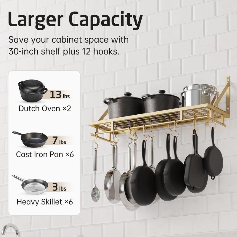 KES 30-Inch Oiled Bronze Pot Rack, Wall Mounted Hanging Pot and Pan Organizer with 12 Sturdy Hooks, Kitchen Wall Hanger Shelves Farmhouse Style, KUR215S75A-OB