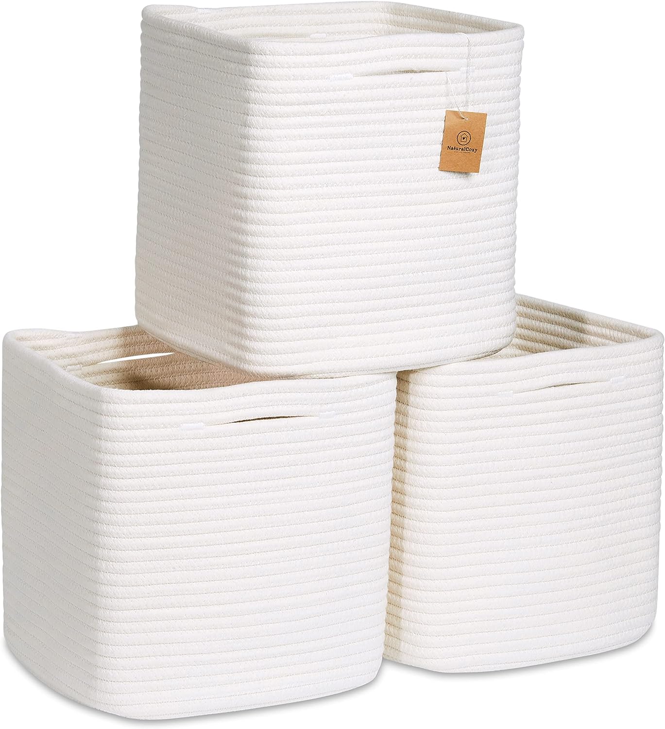 NaturalCozy Storage Cubes - 11-Inch Cotton Rope Woven Baskets, 3-Pack | Perfect for Organizing Toys & More