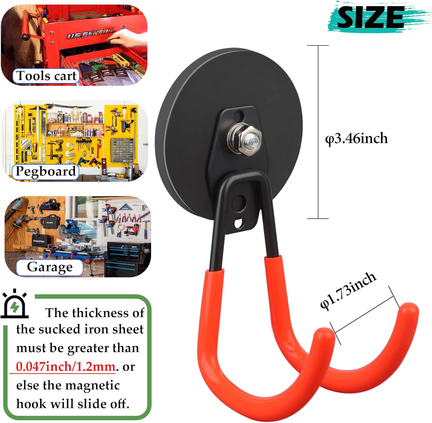 ULIBERMAGNET Heavy Duty Magnetic Hooks - 2 Pack for Cables, Tools & More | 3.46 Inch, Orange