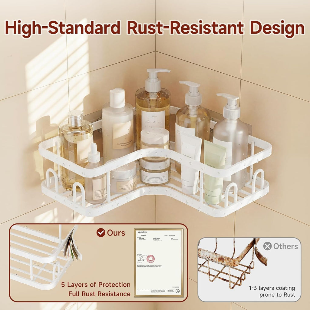 Veken Corner Shower Caddy 5-Pack - Advanced Rustproof Design | No Drilling Adhesive Shelves, Large Capacity White Bathroom Organizer