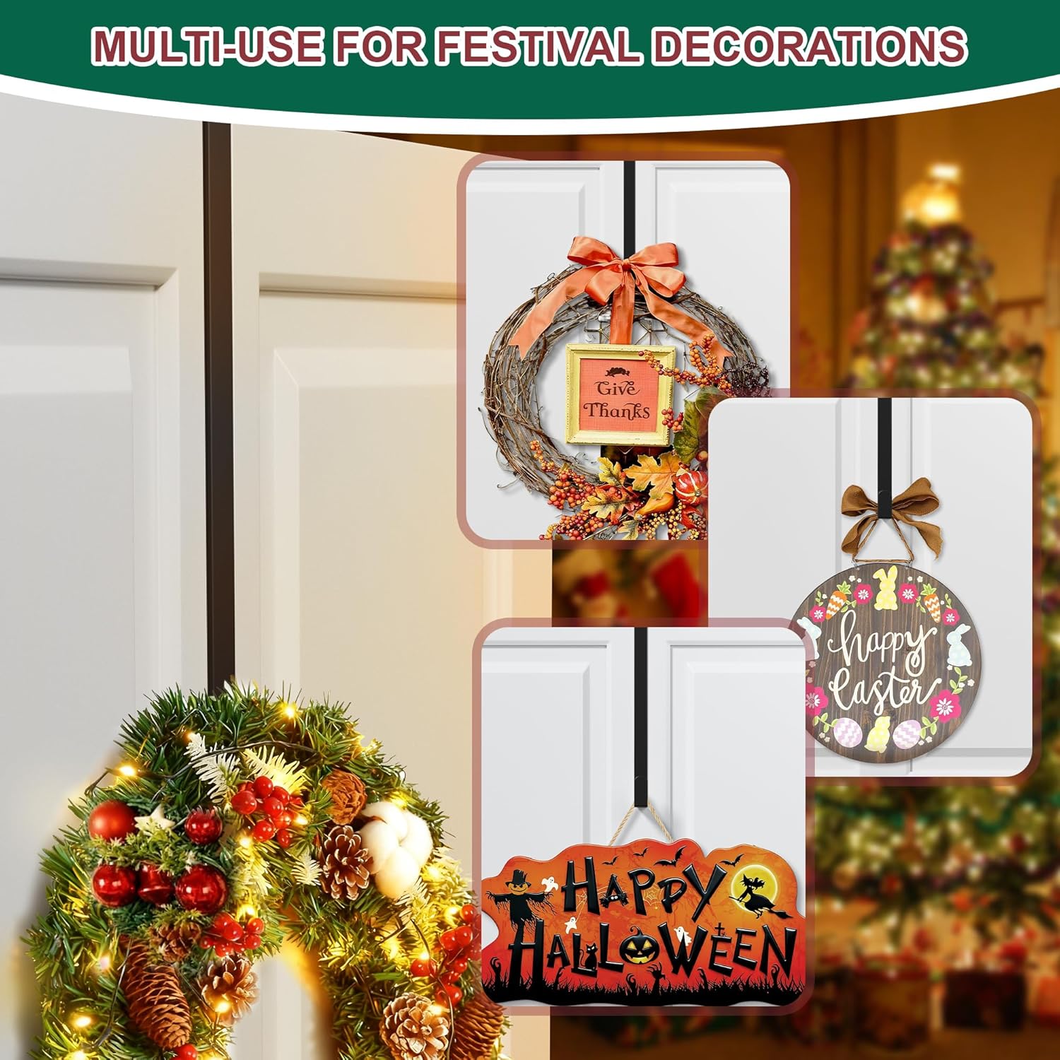 Reversible Wreath Hanger by [Brand Name] - Heavy Duty Steel Over The Door Hook | Fits Most Doors Up to 1-3/4” - Holds 80 LBS for Seasonal Decor (Black, 1 Pack)